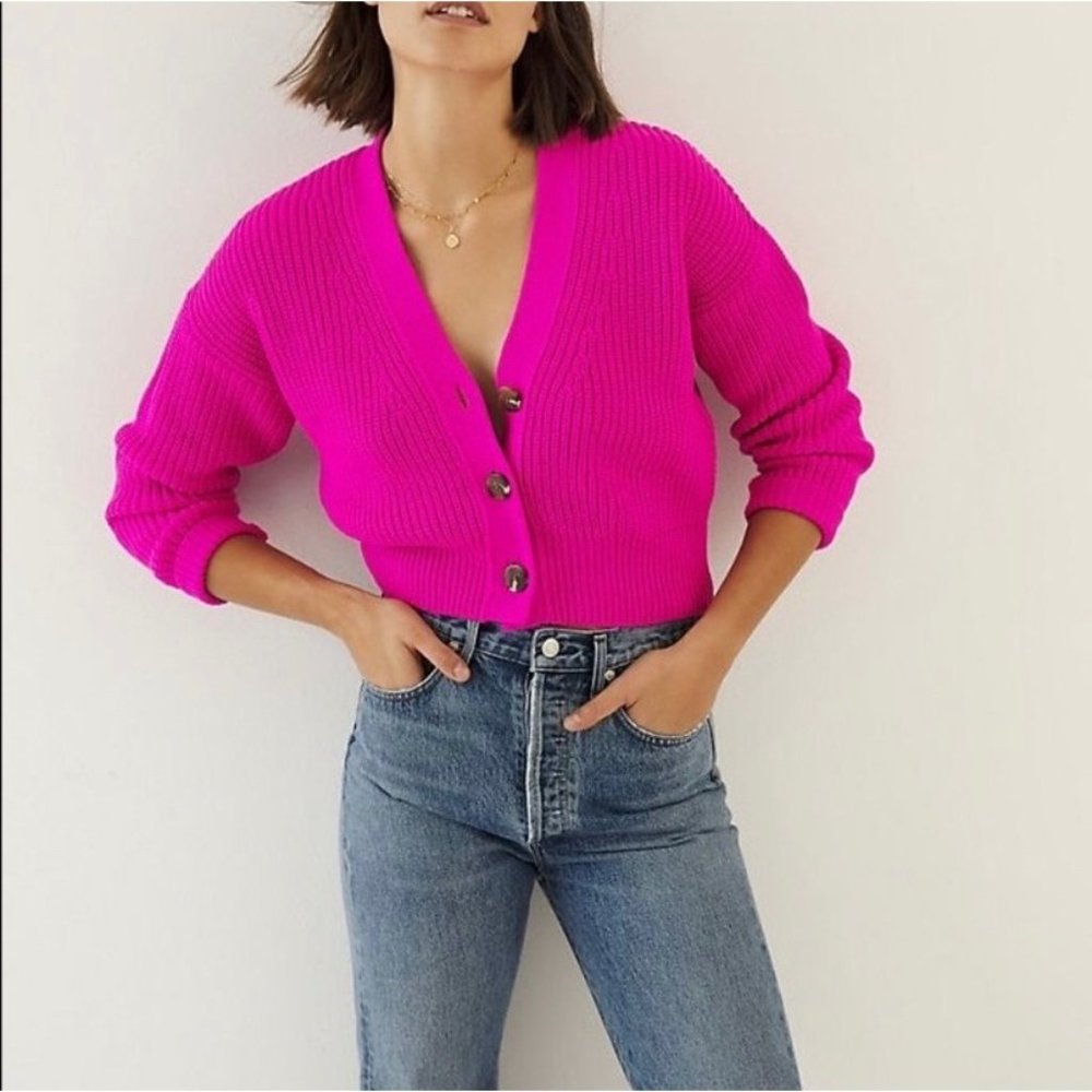 NWT Anthropologie Maeve Sunny Knit Cropped Cardigan Sweater hot pink size L